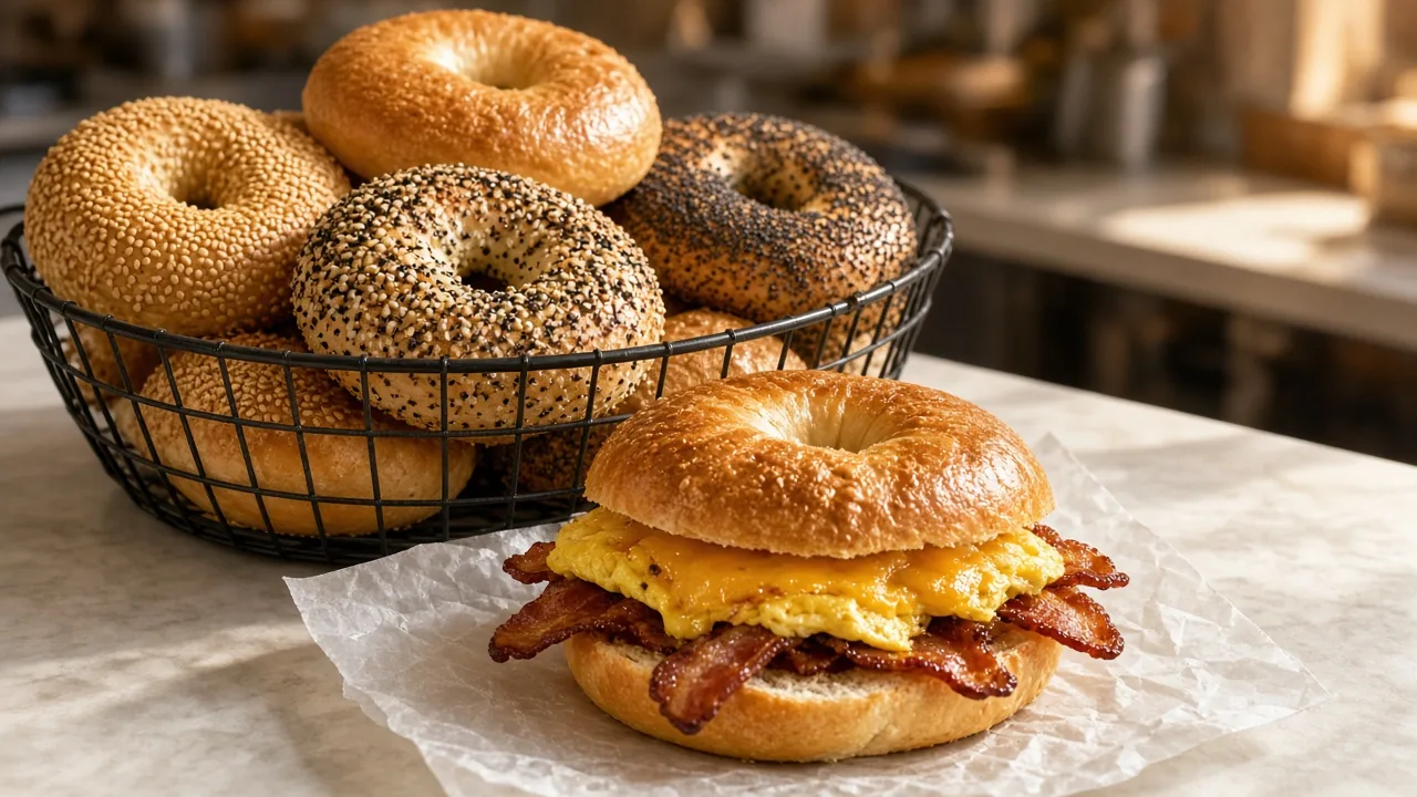A wire basket of sesame, everything and poppy seed bagels beside a bacon, egg and cheese bagel sandwich on wax paper